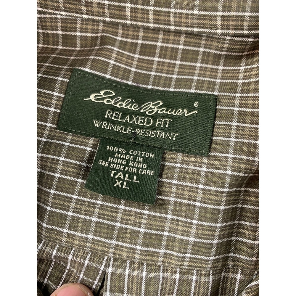Eddie Bauer Button Down Shirt Mens XL Tall Olive Green Ex Grid Relaxed Fit - Picture 7 of 8